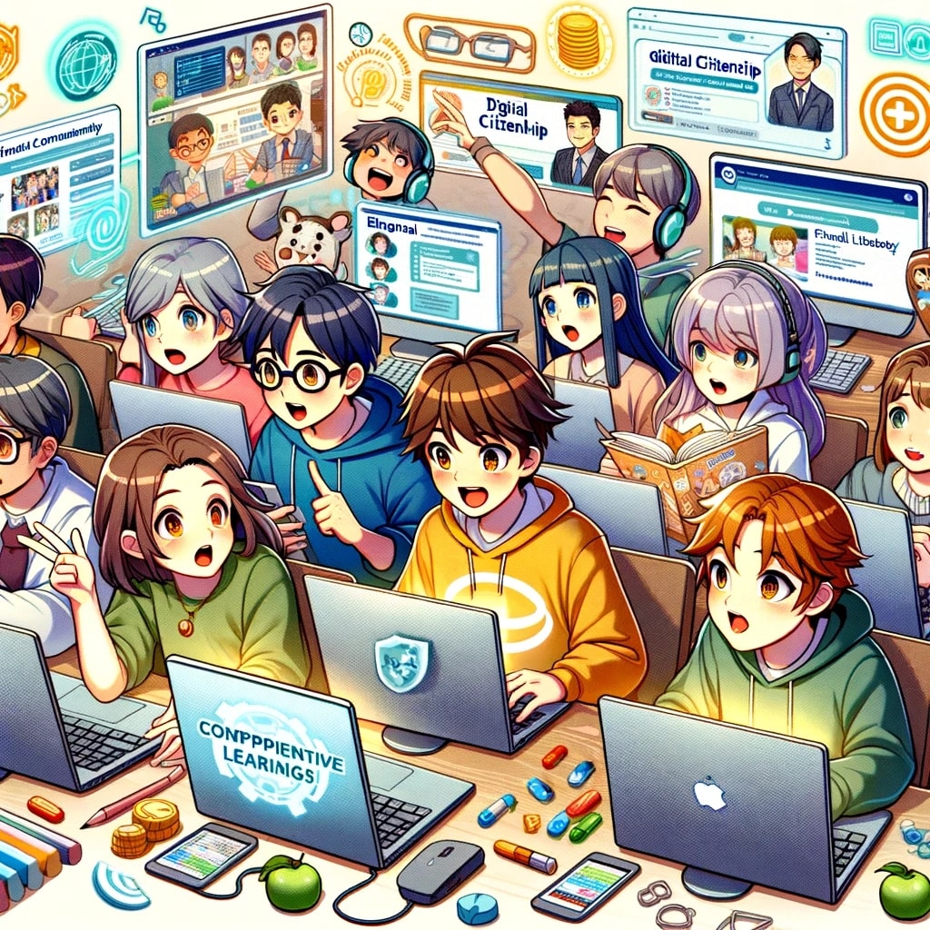 The illustration depicting students engaged in diverse online learning activities, capturing the lively and engaging essence of comprehensive online learning.