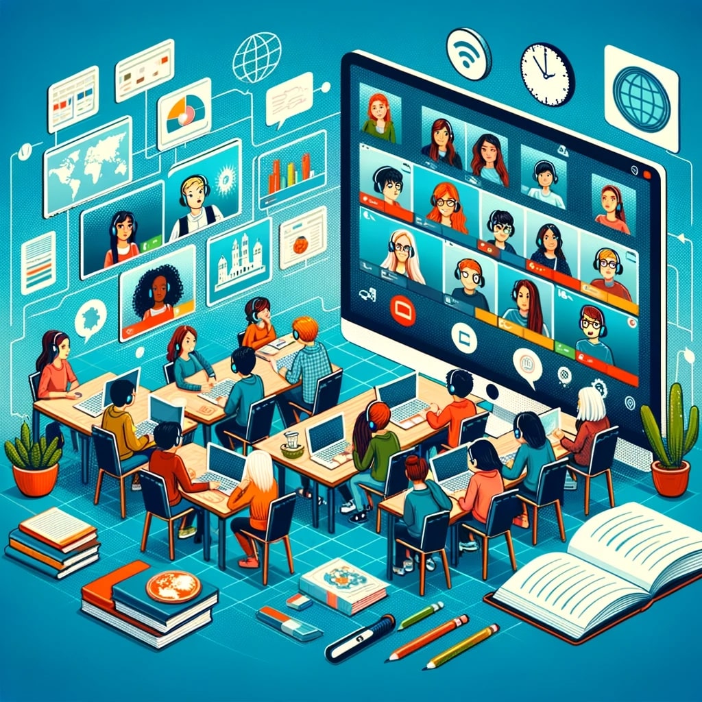 The illustration depicts a virtual classroom setting, resembling a Zoom meeting, where students from diverse cultural backgrounds participate in an online learning session.