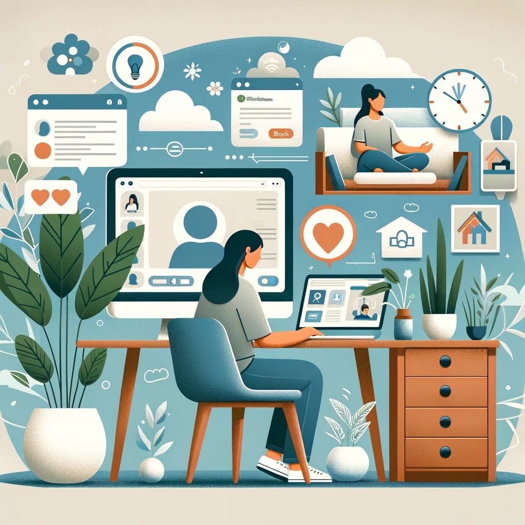 The illustration showing a calm and serene online learning environment that supports mental health, featuring a student engaged in a peaceful and organized workspace.