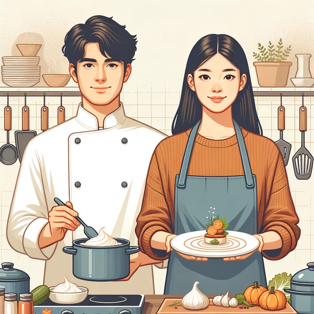 Illustration of a young man of East Asian descent and a young woman of African descent presenting a beautifully plated dish - GCSE subjects
