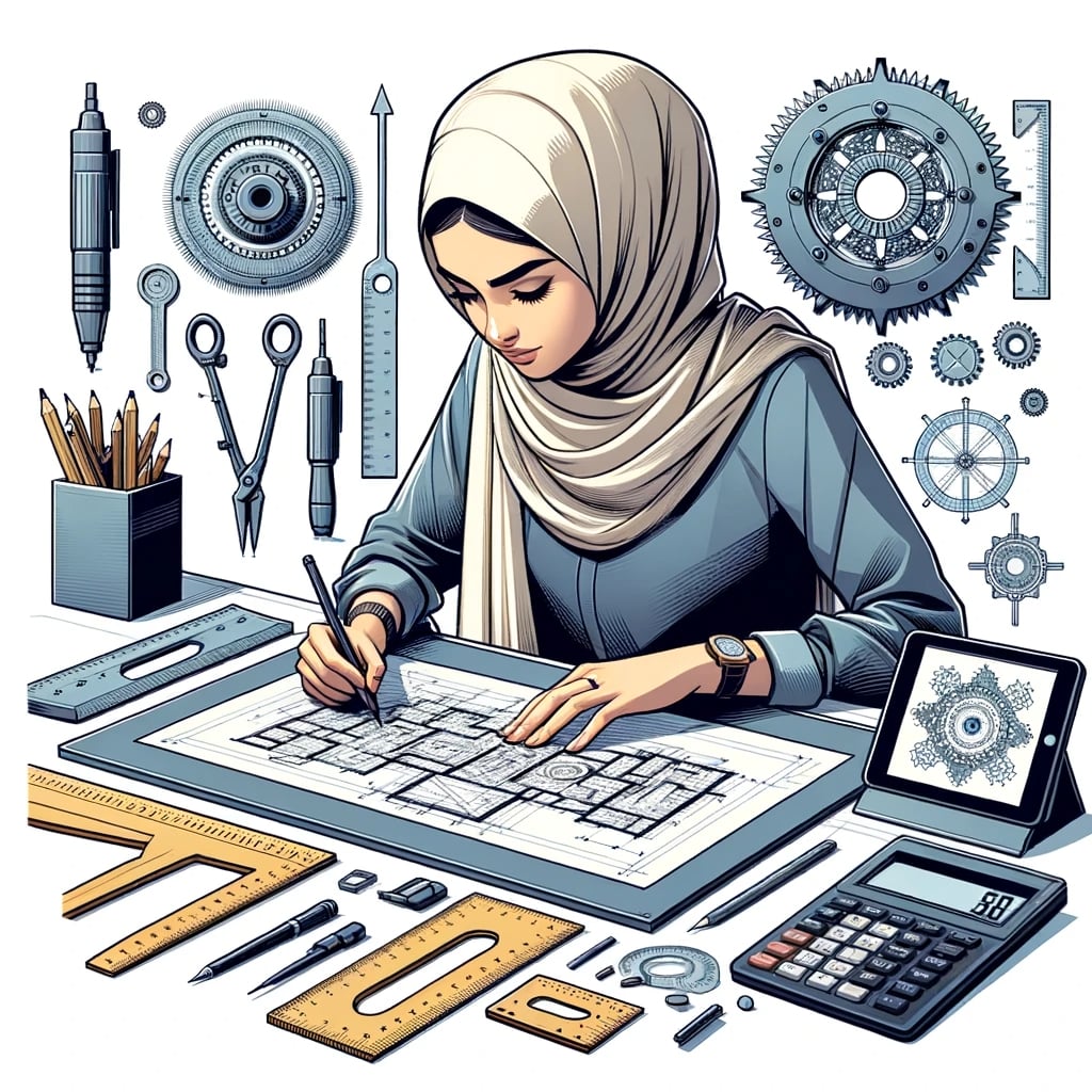 Illustration of a young woman of Middle Eastern descent at a drafting table, meticulously drawing a technical design - GCSE subjects