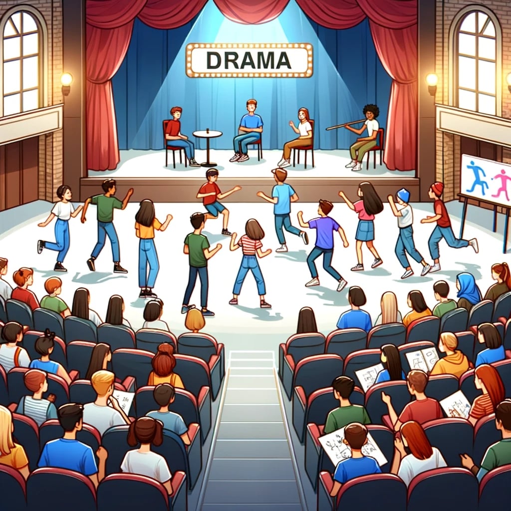 Illustration of an auditorium with students of various descents participating in a drama workshop. They are engaged in various activities - GCSE subjects