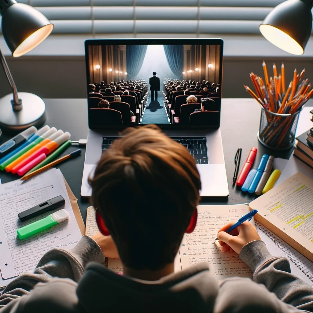 Photo of a student, viewed from behind, seated at a desk filled with revision materials like notebooks, pens, and highlighters - GCSE subjects