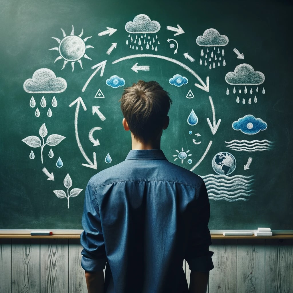 Photo of a young man, viewed from behind, standing in front of a chalkboard. The chalkboard displays only illustrations of the water cycle elements - gcse subjects