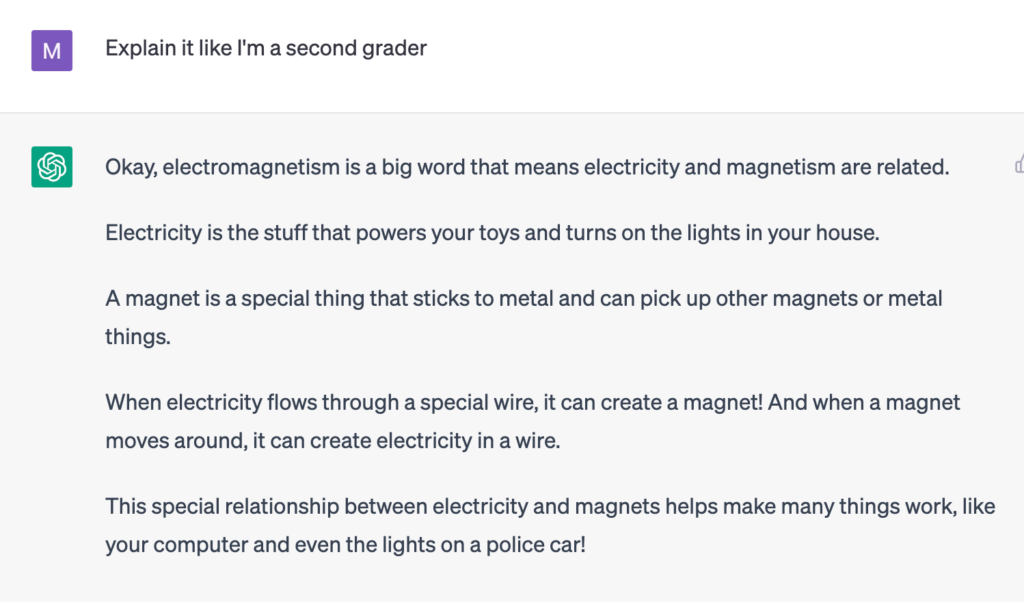 Asking ChatGPT to explain electromagnetism like I'm a second grader