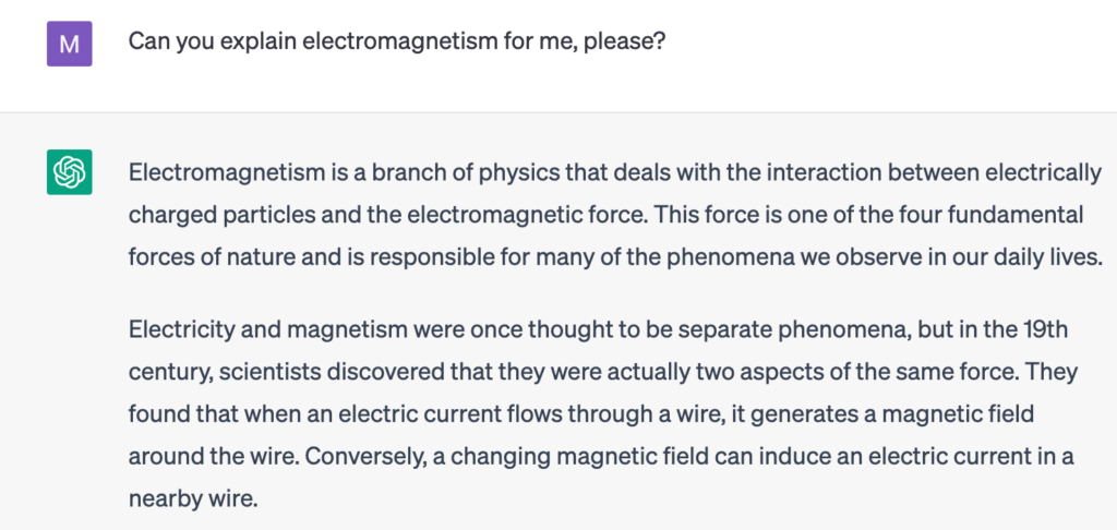 Asking ChatGPT what electromagnetism is