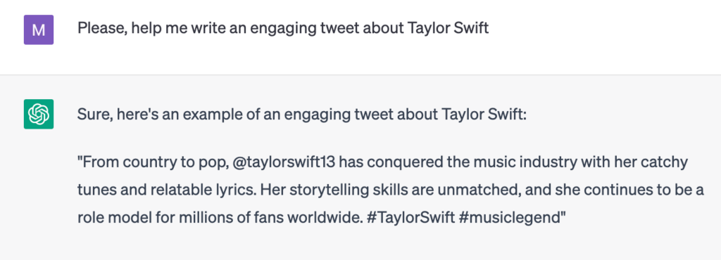ChatGPT Writing a Tweet About Taylor Swift