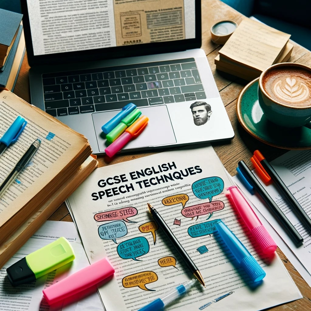 Photo of a study table with books, highlighters, and a laptop open to a page titled 'GCSE English Speech Techniques'. There's a cup of coffee and some