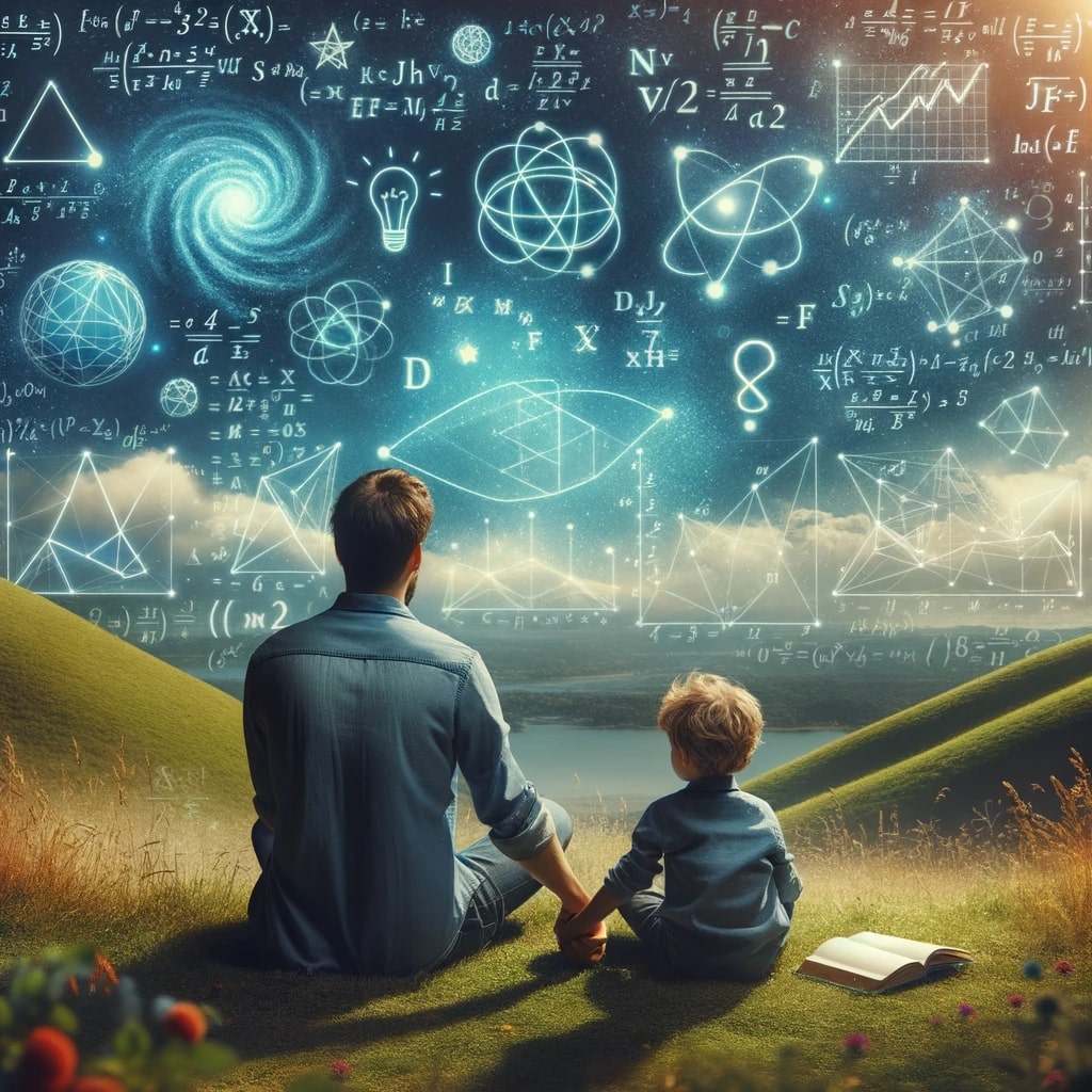 Photo of a parent and child sitting together on a grassy hill, holding hands and looking out at a landscape filled with mathematical symbols like equa