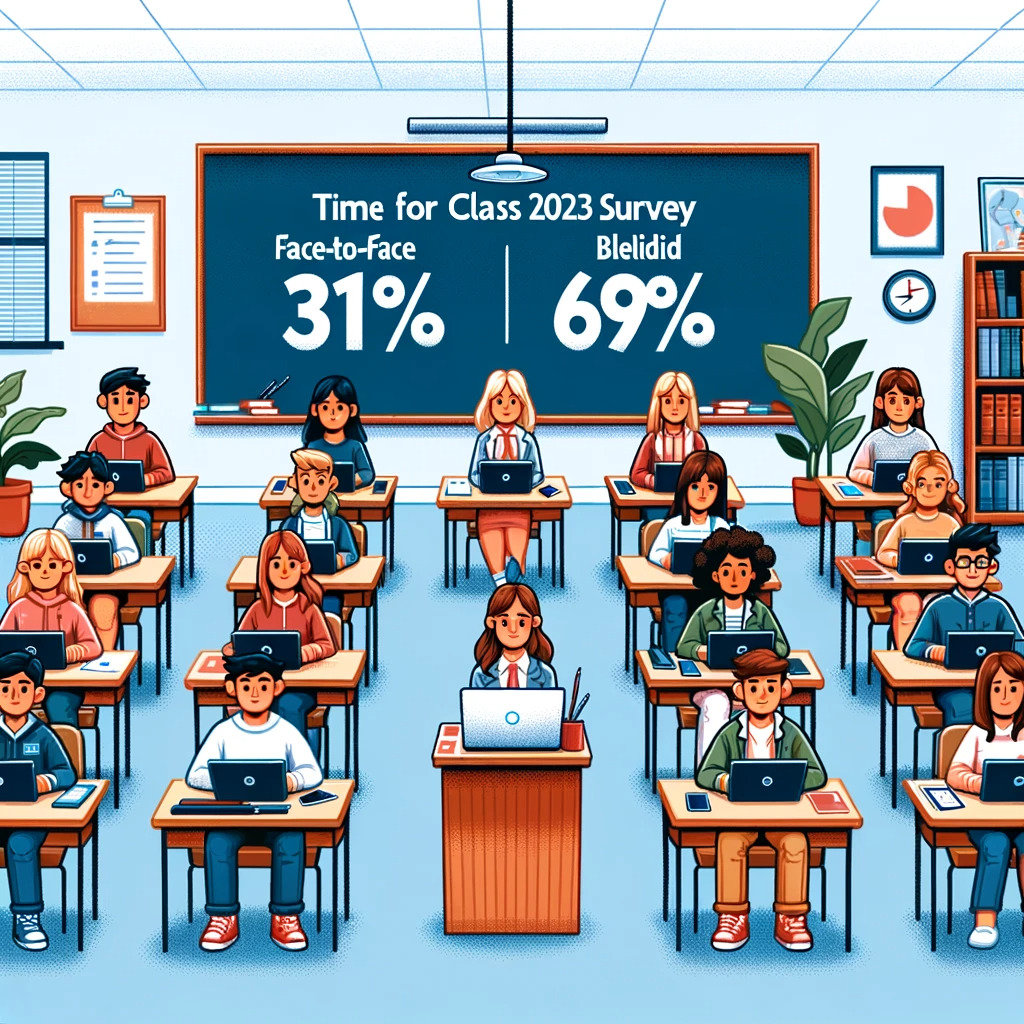 Photo of a classroom setting with students seated. On the left side, representing 31 , students are engaged in face-to-face instruction with a teacher