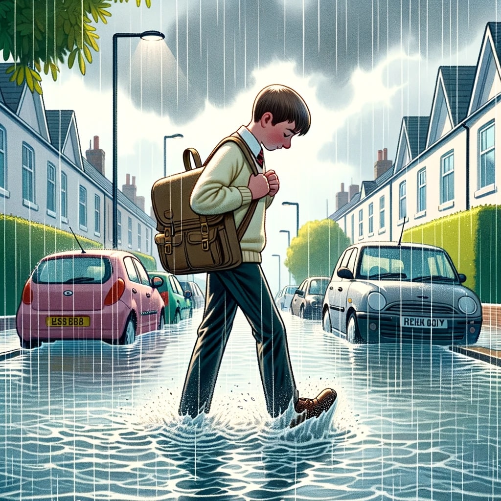 Illustration of a GCSE student walking through a moderately flooded street, with a light drizzle and overcast skies, cautiously holding their school bag