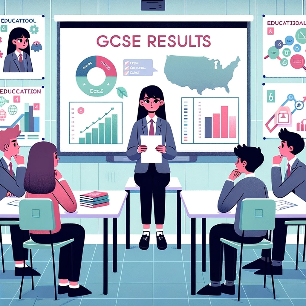 Illustration of a classroom setting where a young female GCSE student is in a group discussion. On the walls are charts and images
