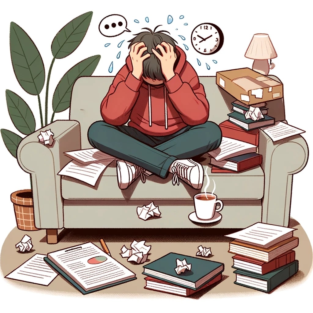Illustration of a distressed GCSE student sitting on a couch, holding their head, with scattered study materials around them and a cup of hot tea