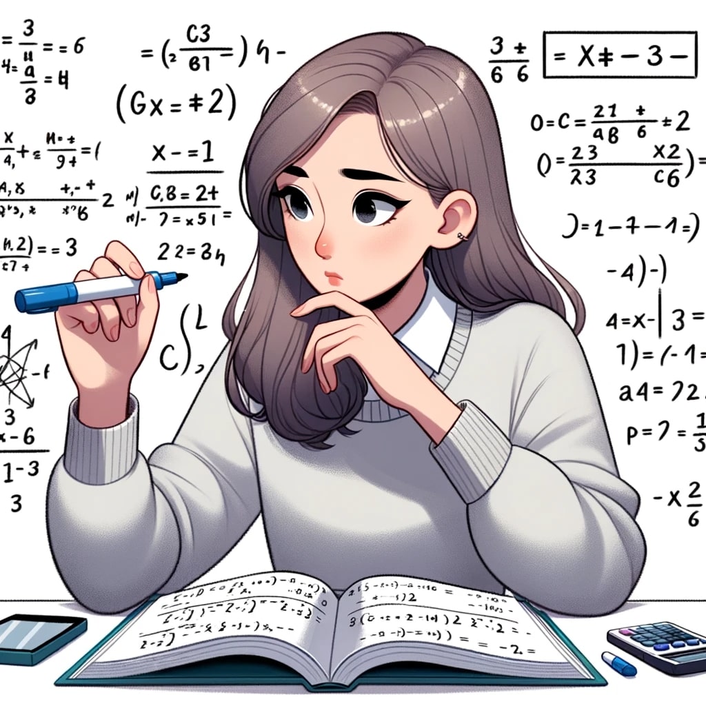 Illustration of a female GCSE student working on maths problems on a whiteboard, deep in thought. She has a marker in one hand
