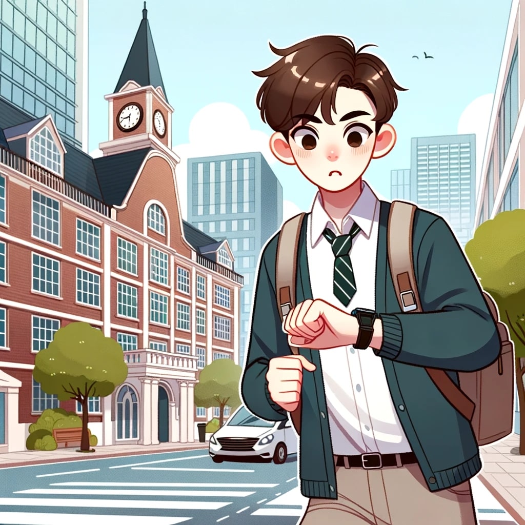 Illustration of a young GCSE student, with a school uniform and backpack, rushing through a city street, looking at their wristwatch with a backdrop