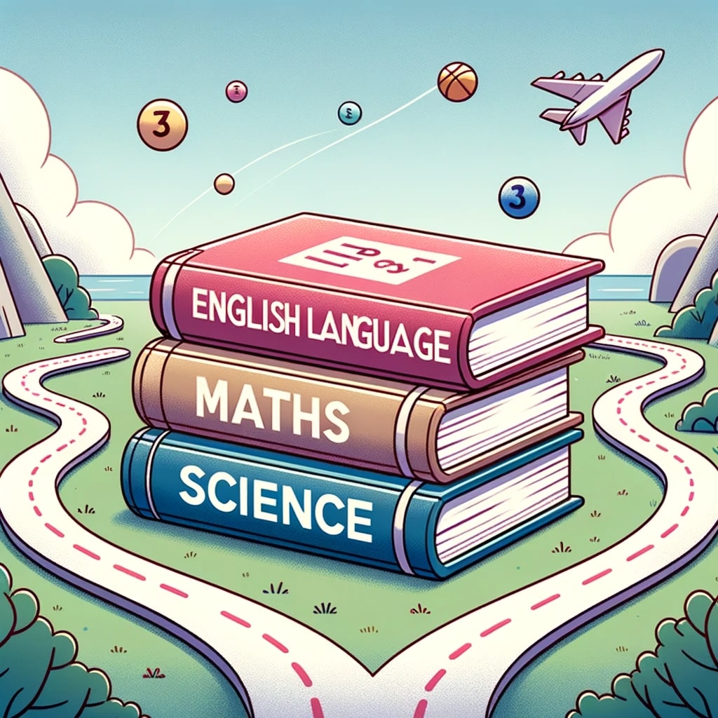 Illustration of three textbooks stacked together, each labeled 'English Language', 'Maths', and 'Science', with a diverging pathway in the background,