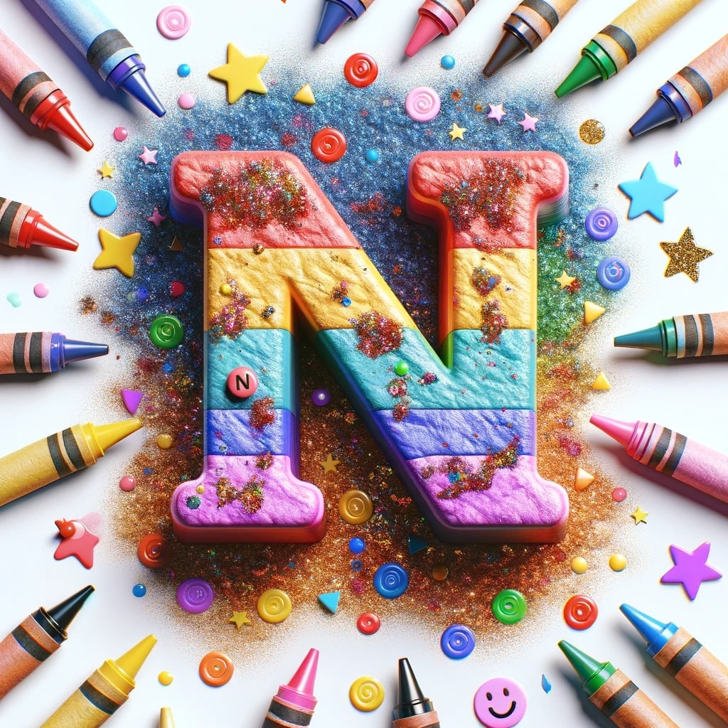 A large, uppercase letter 'N' in the center of the image, surrounded by an assortment of colourful crayons, sparkling glitter, and fun stickers. The c