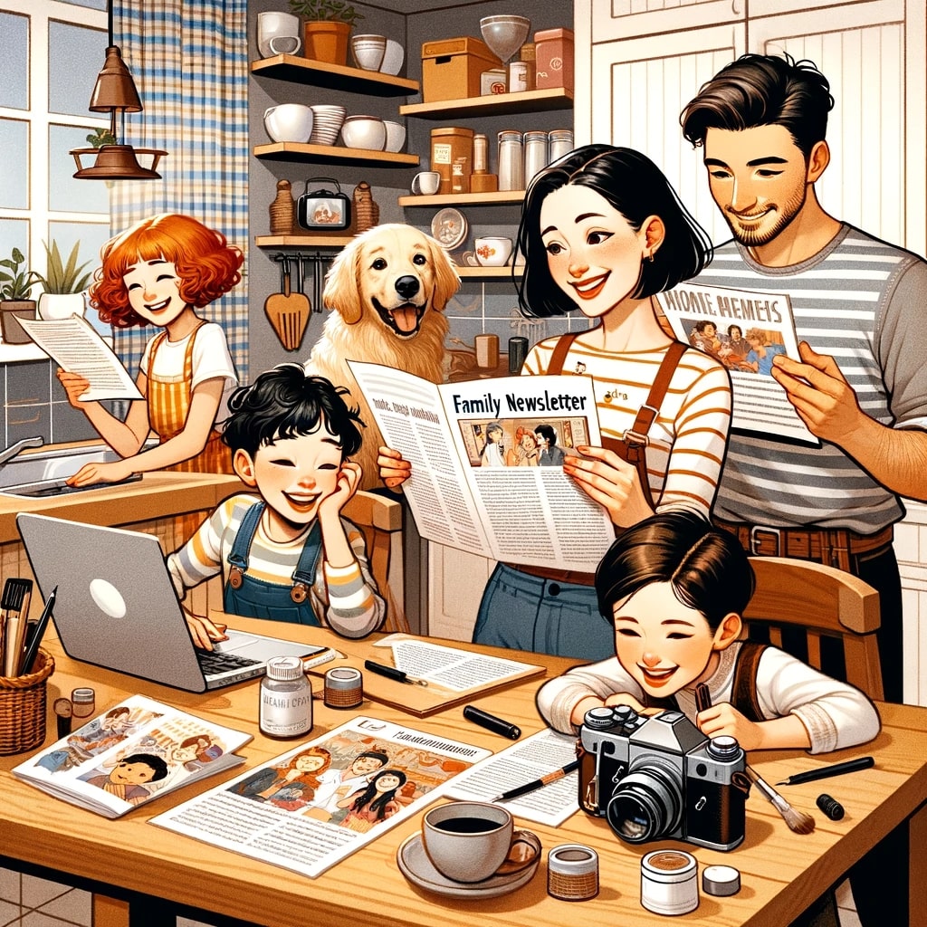 Illustration of a cozy kitchen scene where a diverse family collaborates on a family newsletter. The mother, an East Asian woman with a short bob hair
