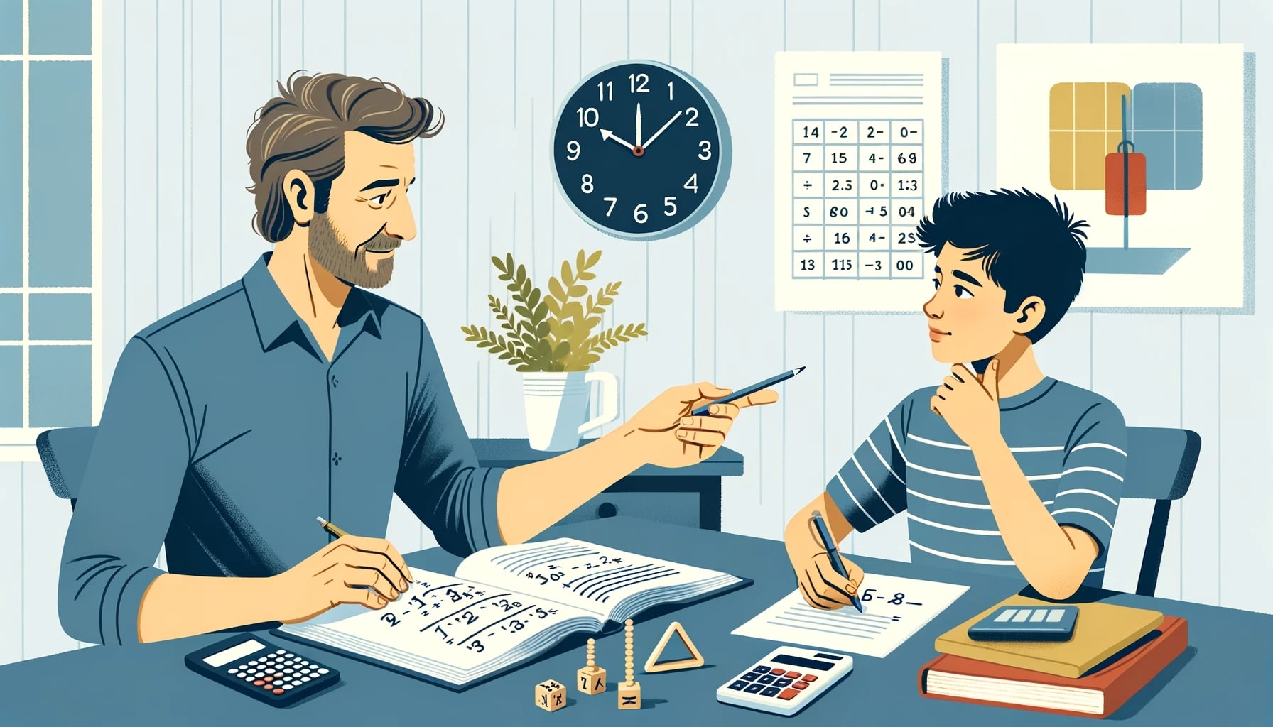 Illustration of a parent and teenager study session in a living room_ A Caucasian parent is pointing towards a maths textbook