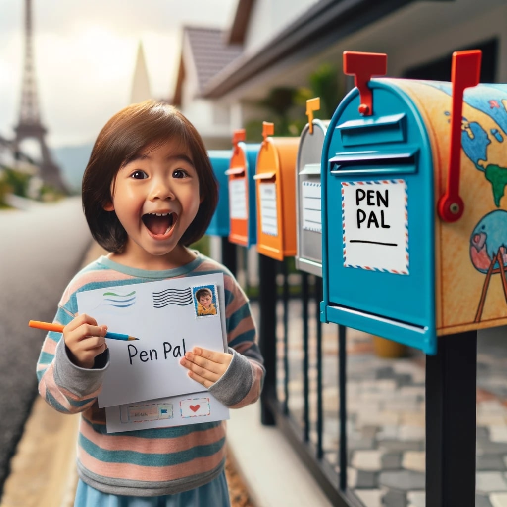 Photo of a child excitedly waiting by a colourful mailbox with letters in hand. The letters are addressed in a child's handwriting, with 'Pen Pal'