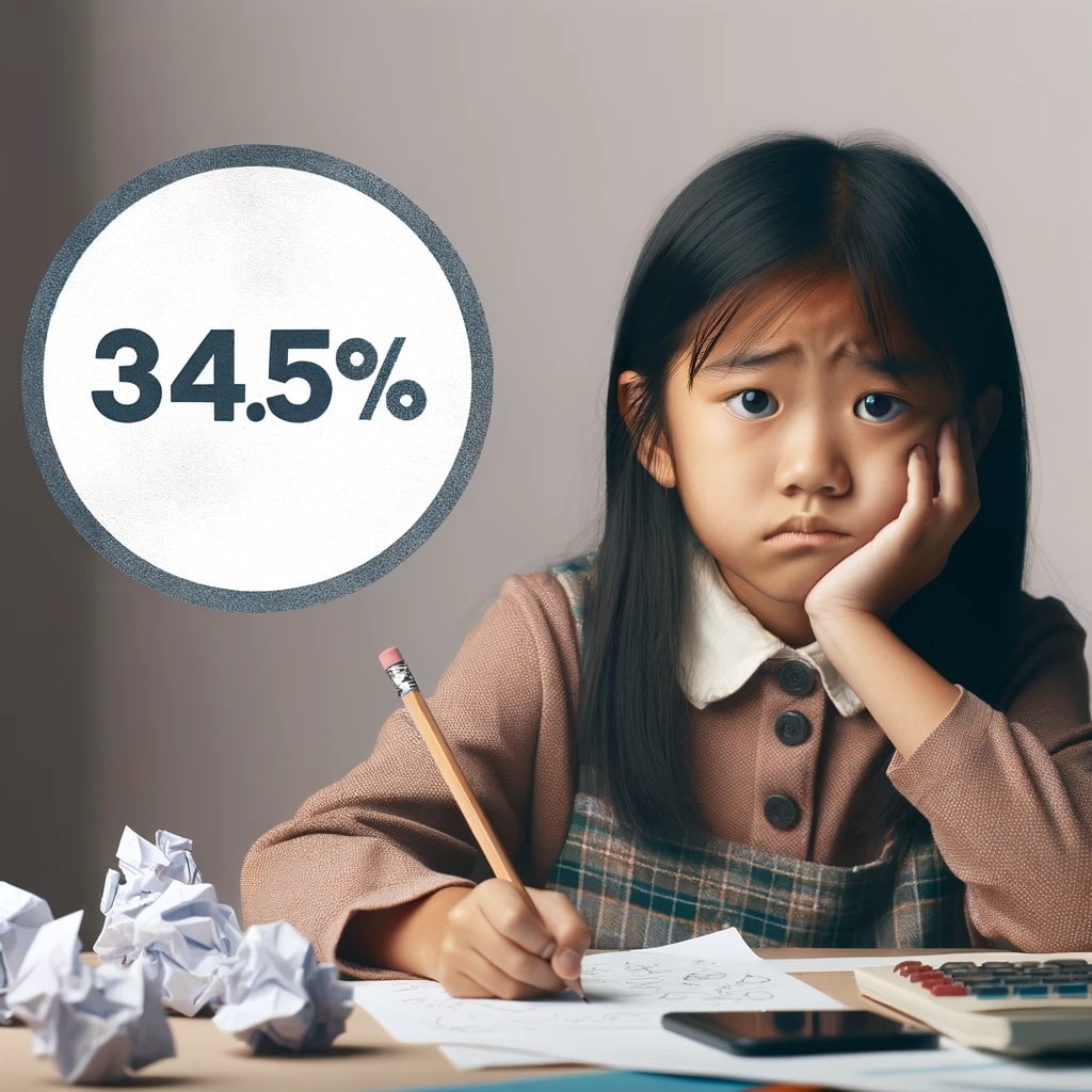 Photo of a young East Asian girl sitting at a desk with papers and pencils, looking frustrated and confused, with crumpled paper around. On the image,