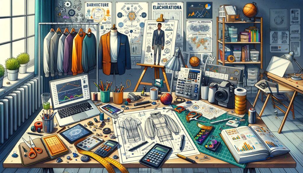 illustration of a creative workspace_ The foreground features a drawing board with architectural plans, a ruler