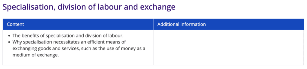 Specialisation, division of labour and exchange
