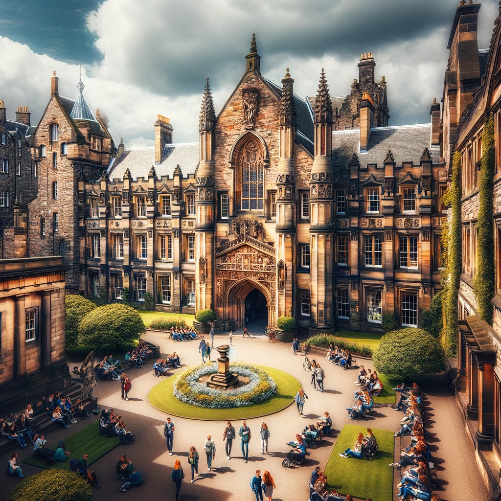 University of Edinburgh Old College building in a mix of Gothic and Renaissance styles, with UK students in the lush courtyard - Education system in the UK