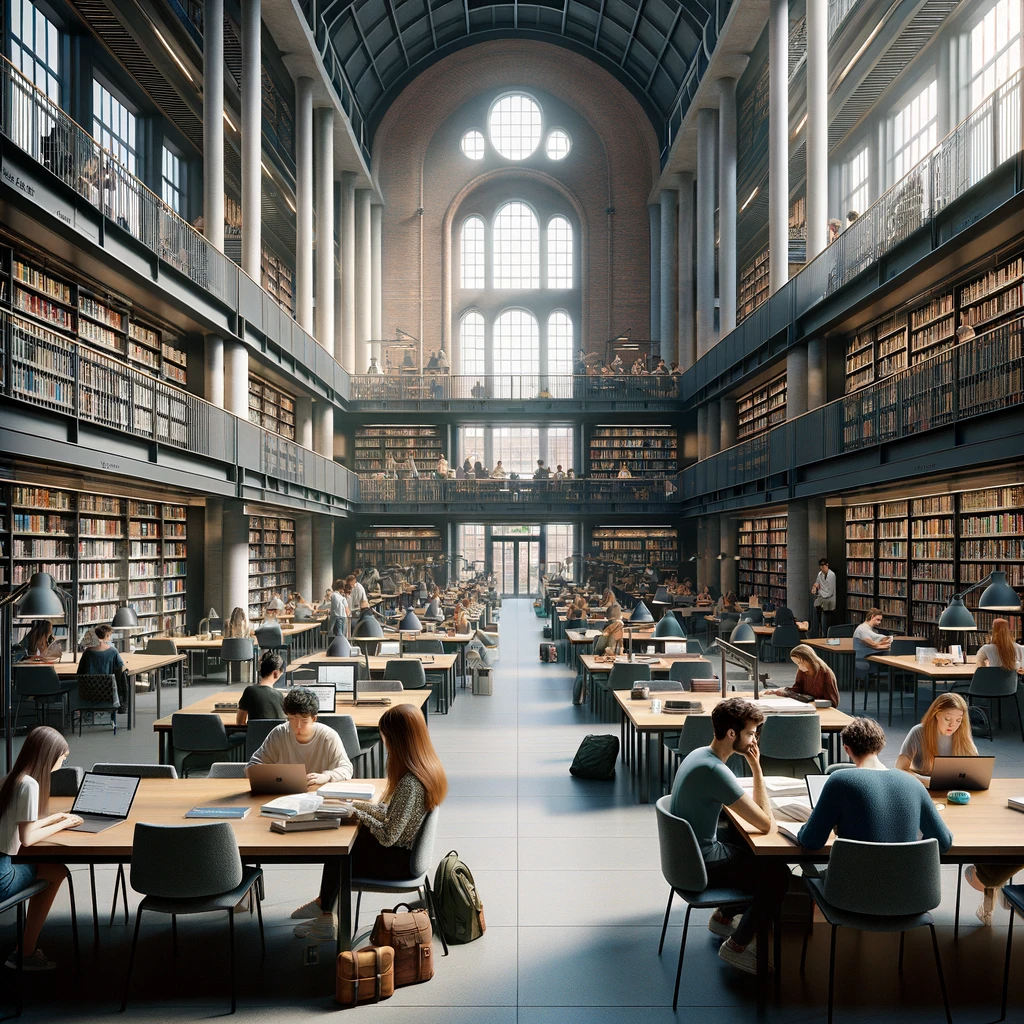 Highlighting students studying in a modern and spacious library in UK filled with resources