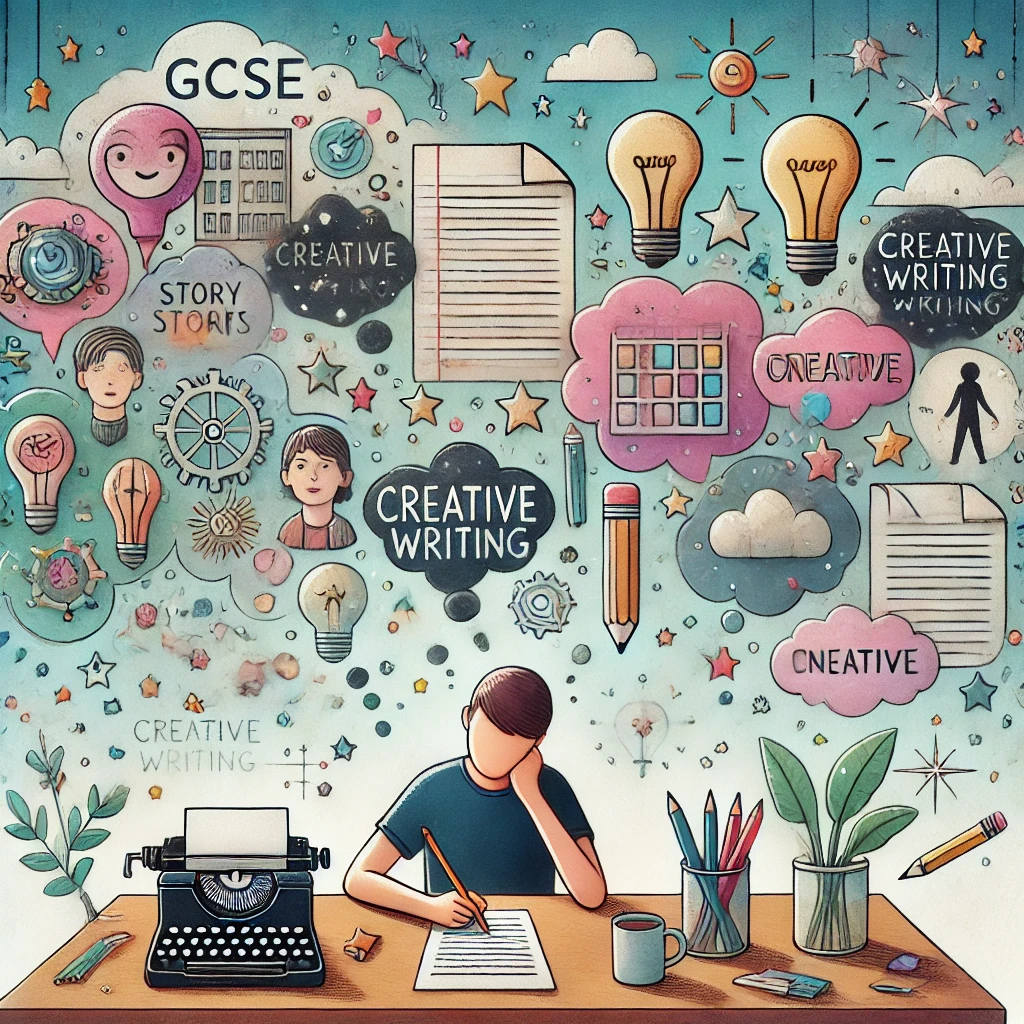 scene depicts a student sitting at a desk, daydreaming, with thought bubbles filled with creat - GCSE English Language