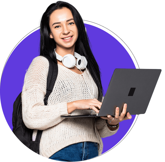 Student holding a laptop in front of a purple circle