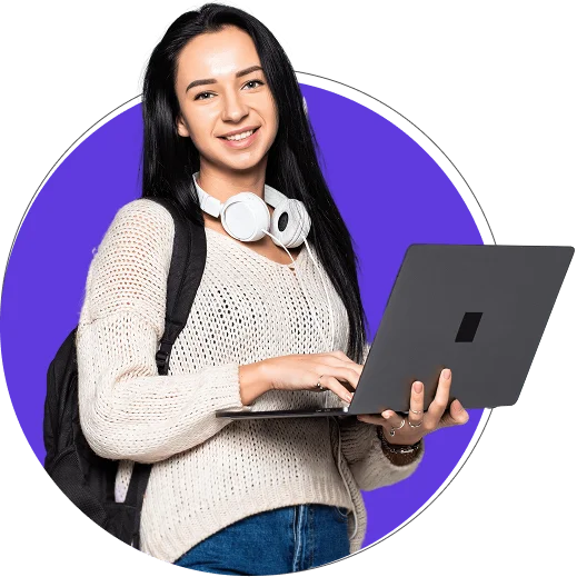 Student holding a laptop in front of a purple circle