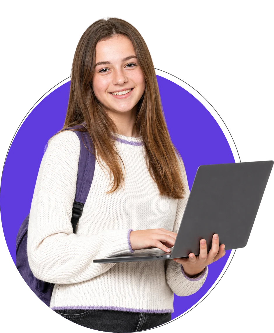 Smiling student holding a laptop in front of a purple circle